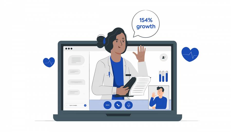 Future of Telehealth: Illustration with a healthcare professional on a computer with a bubble that says 154% growth.