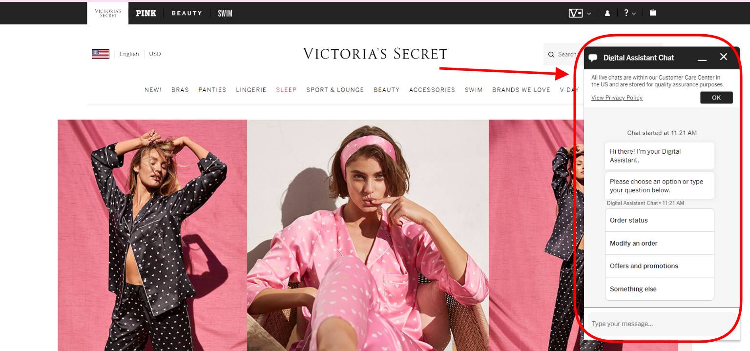 A Victoria’s Secret chatbot helps to take further steps on the website
