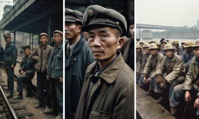 Three AI-generated images representing workers in China in a retro photographic style