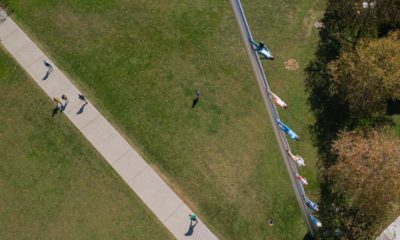 aerial view of students walking past the Walk to the Sky Monument in Pittsburgh Carnegie Private University